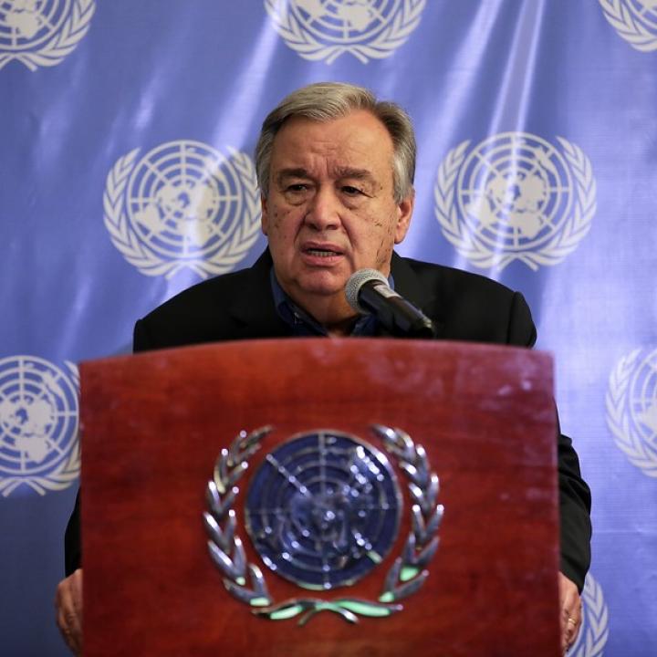 El secretario general de la ONU, Antonio Guterres en rueda de prensa en Bogotá. Foto: Colprensa. Abril 2018.