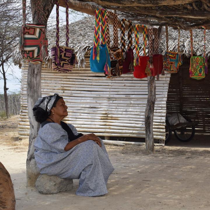 Mujer wayuu en su ranchería junto a su exhibición de mochilas. Foto: Miguel Ángel Cortés