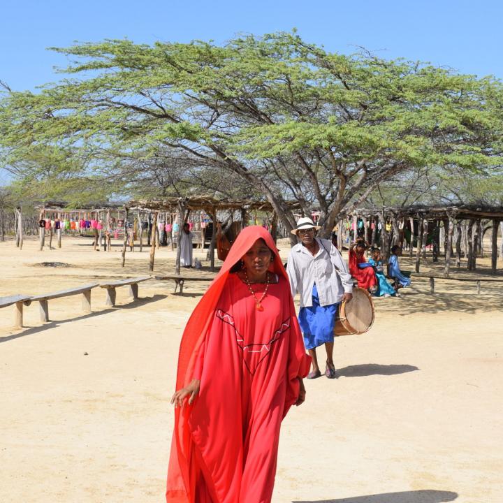 Mujer wayuu con el atuendo para bailar la Yonna, danza tradicional de esta etnia. Foto: Miguel Ángel Cortés.